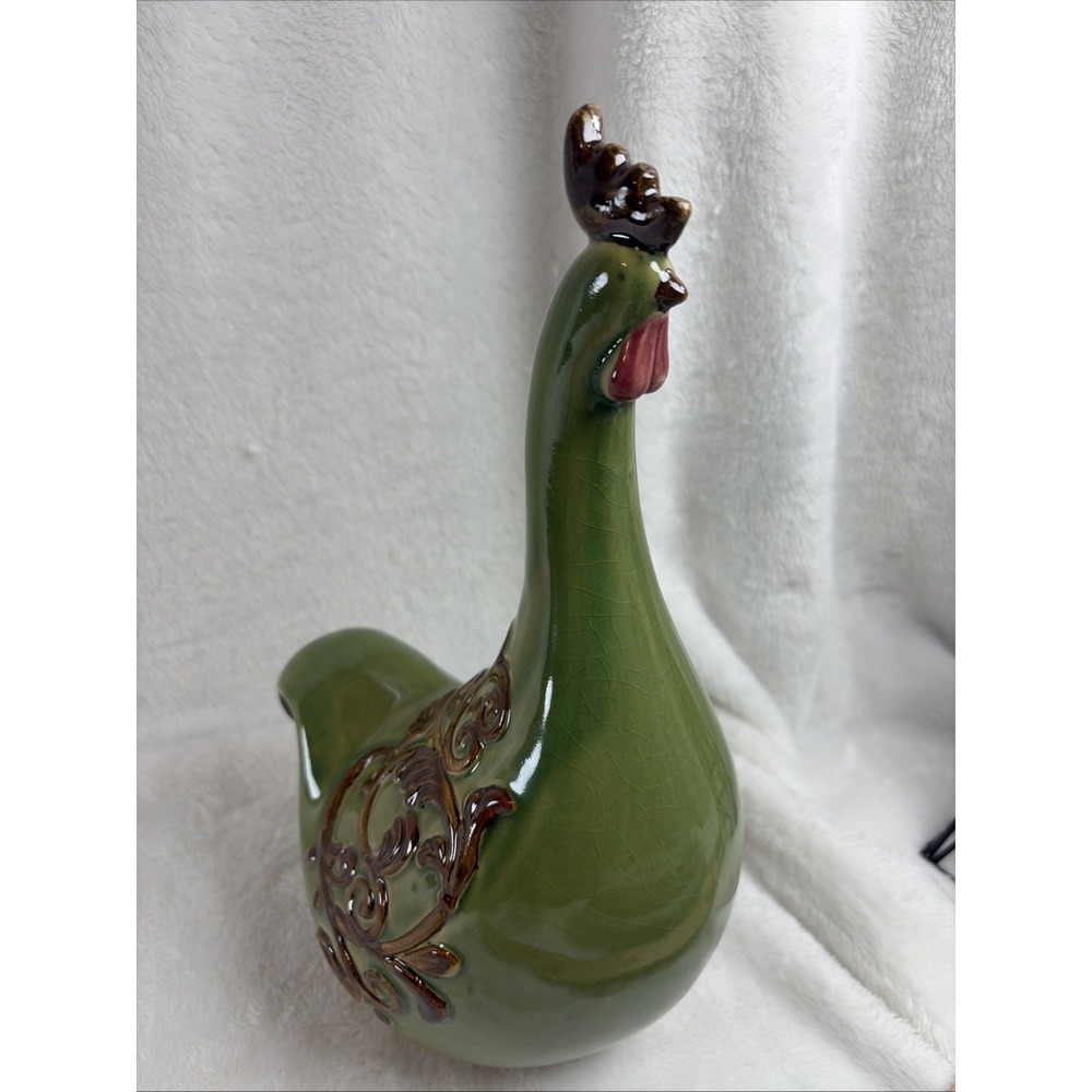 Vintage 80s Green Ceramic Rooster Figurine Raised Brown Scrollwork Farmhouse EUC